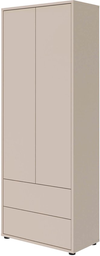 Hoge kast in grijs-beige met twee deuren en twee lades.