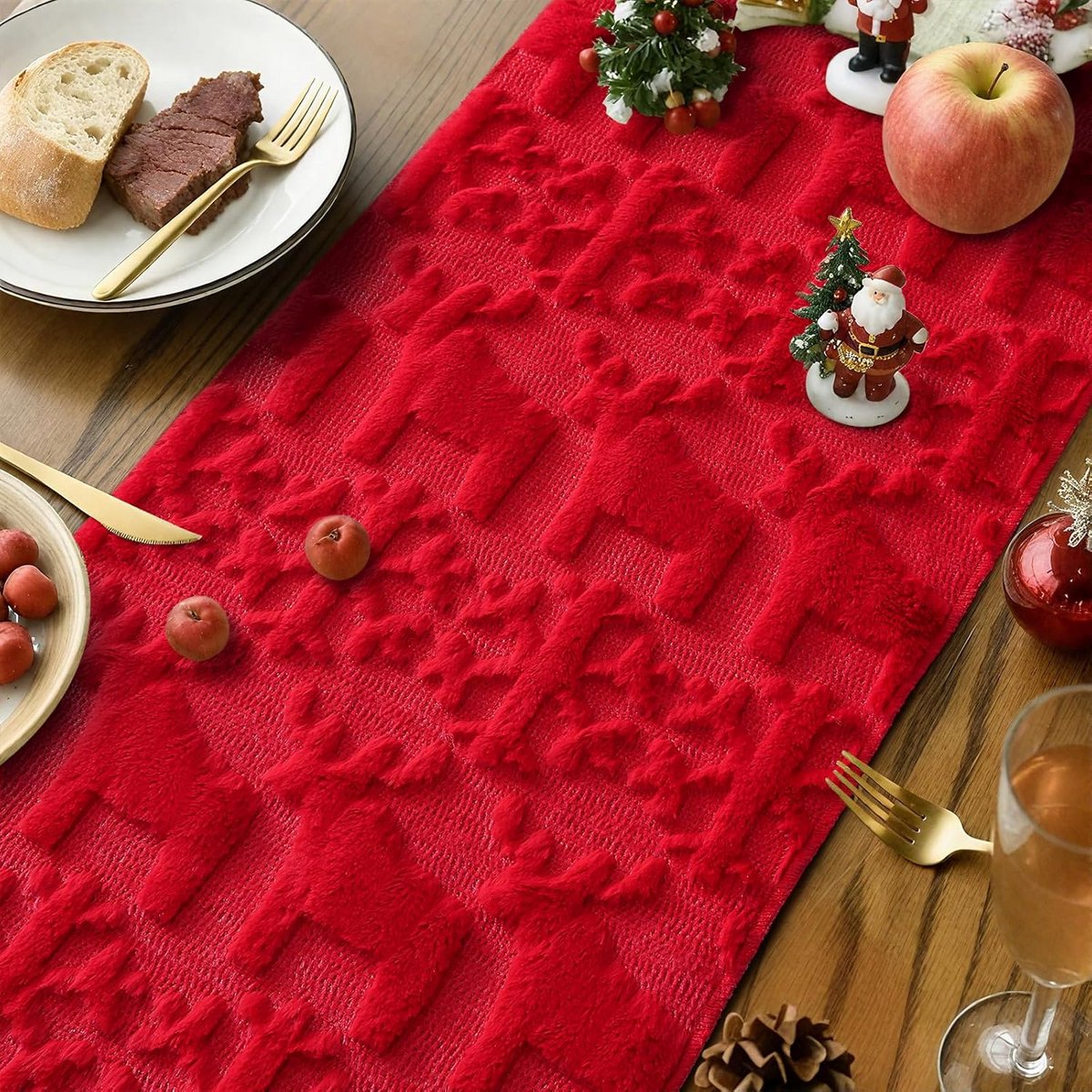 Luxe Fluwwelen Tafelloper Kerst Rood met Sneeuwvlokken en Elanden - 40x180 cm