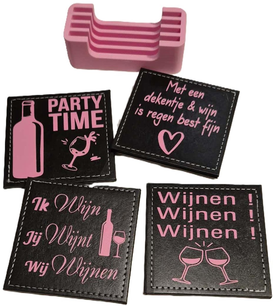 Onderzetters 4 stuks pu - leer incl houder tekst wijn - quote wijnen