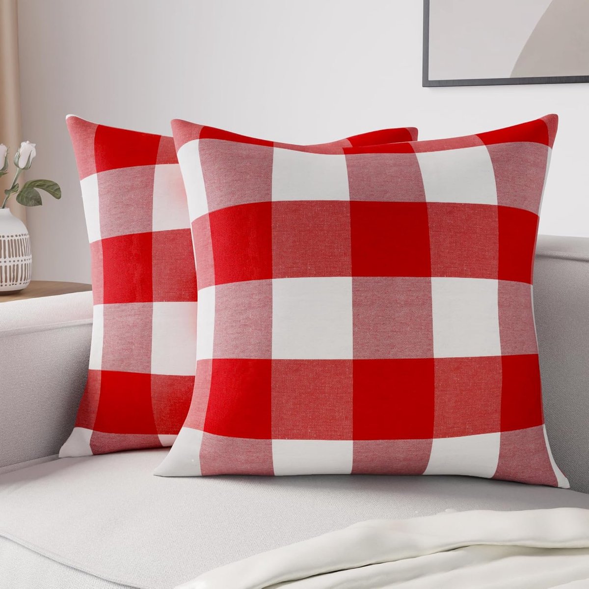 Famanu Kussensloop, 2 stuks (50 x 50 cm) – buffalo, rode ruitjes, rechthoekig, niet-gekleurd, van zacht katoen, decoratief, voor binnen, woonkamer, slaapkamer Buffalo Red Checks