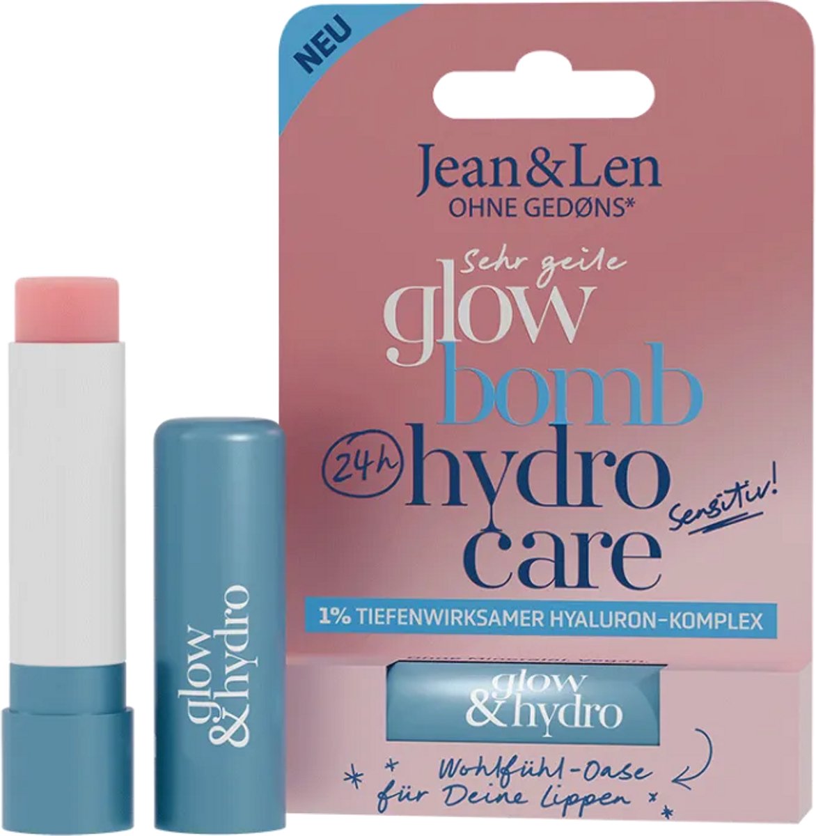 Jean & Len Glow Bomb Hydro Care – 4.7 g: vegan lippenbalsem die hydrateert & een natuurlijke glans geeft. Zonder onzin. zacht & verzorgend voor elke dag.
