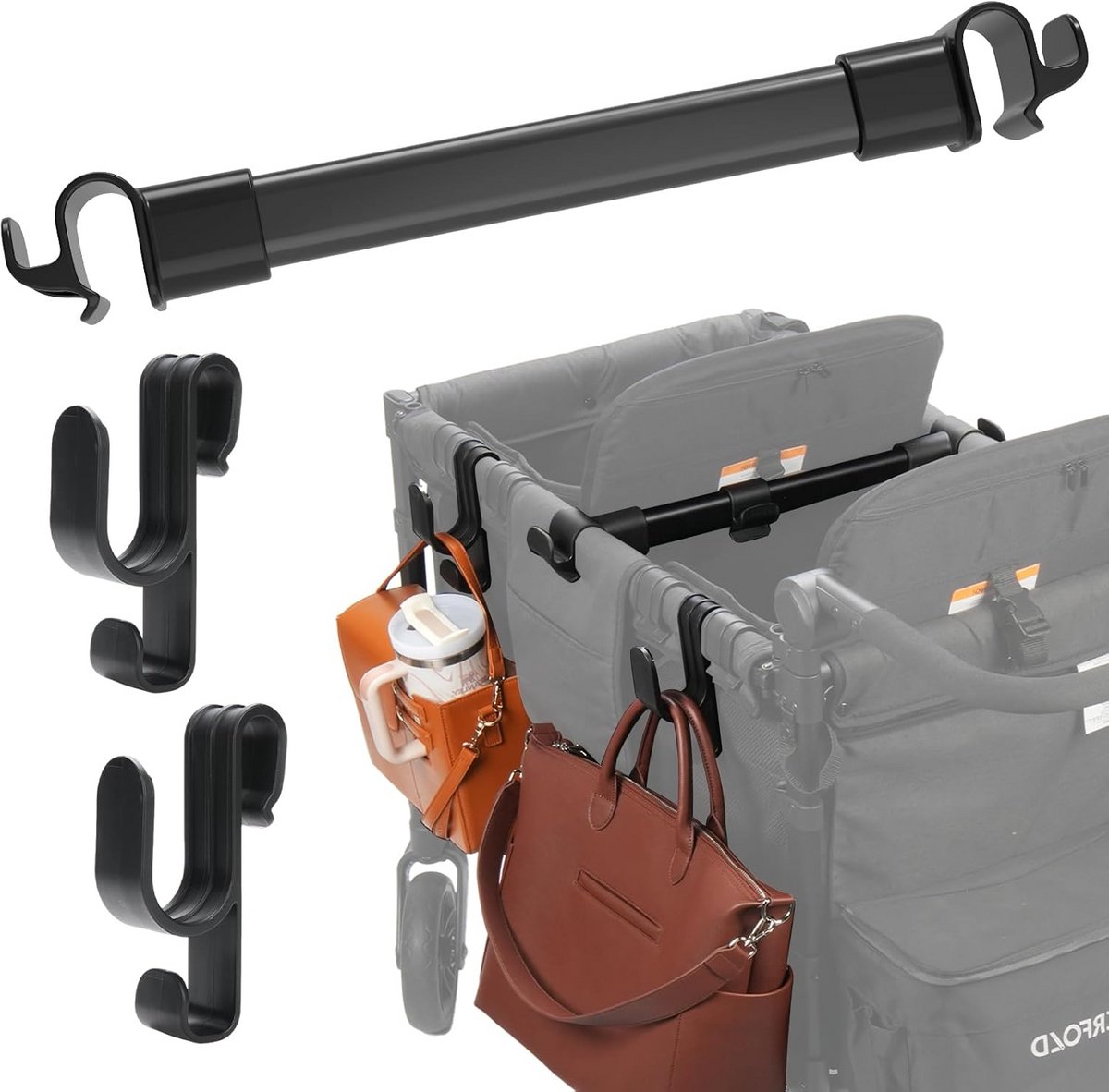 2-Pack Universele Dubbellaagse Kinderwagen Haken met Voorste Steunstang - Wagenaccessoires