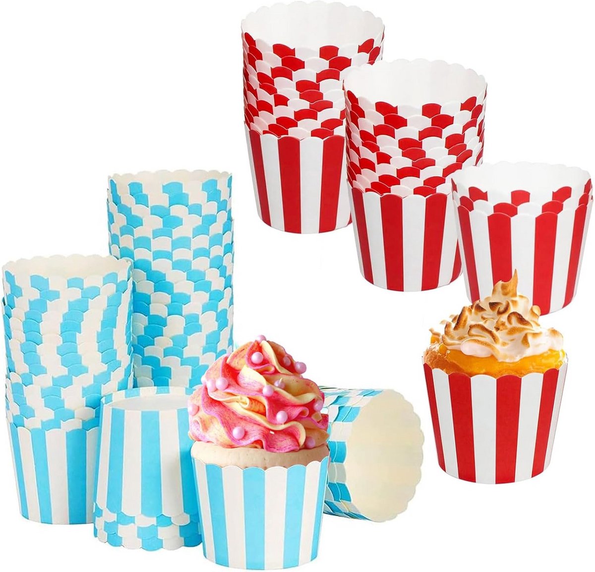 100 stuks Muffin Cupcake Vormpjes - Rood en Blauw Papier - Zebraprint