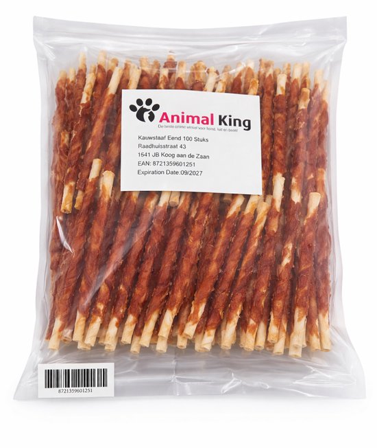 Kauwstaaf Hond Eend - Hondensnack - Kauwstaafjes Hond 100 Stuks - Animalking - Kauwsnack Hond 12,5 CM