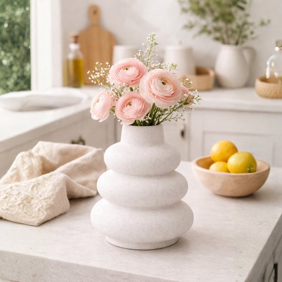 Arti Casa Vaas Circles - Ronde Decoratieve Vaas van Porseleinen Keramiek - Modern Design - Geschikt voor Droogbloemen en als Woonaccessoire - Ø14,5 x H19 cm - Wit - 2 Jaar Fabrieksgarantie