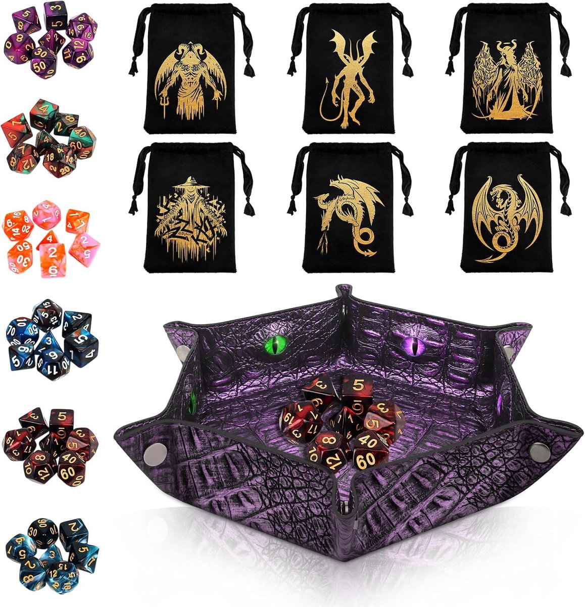 Dobbelstenen Set - RPG Dobbelstenen - Spelavonden - Drakenoog Ontwerp - 7 Delig - Paars