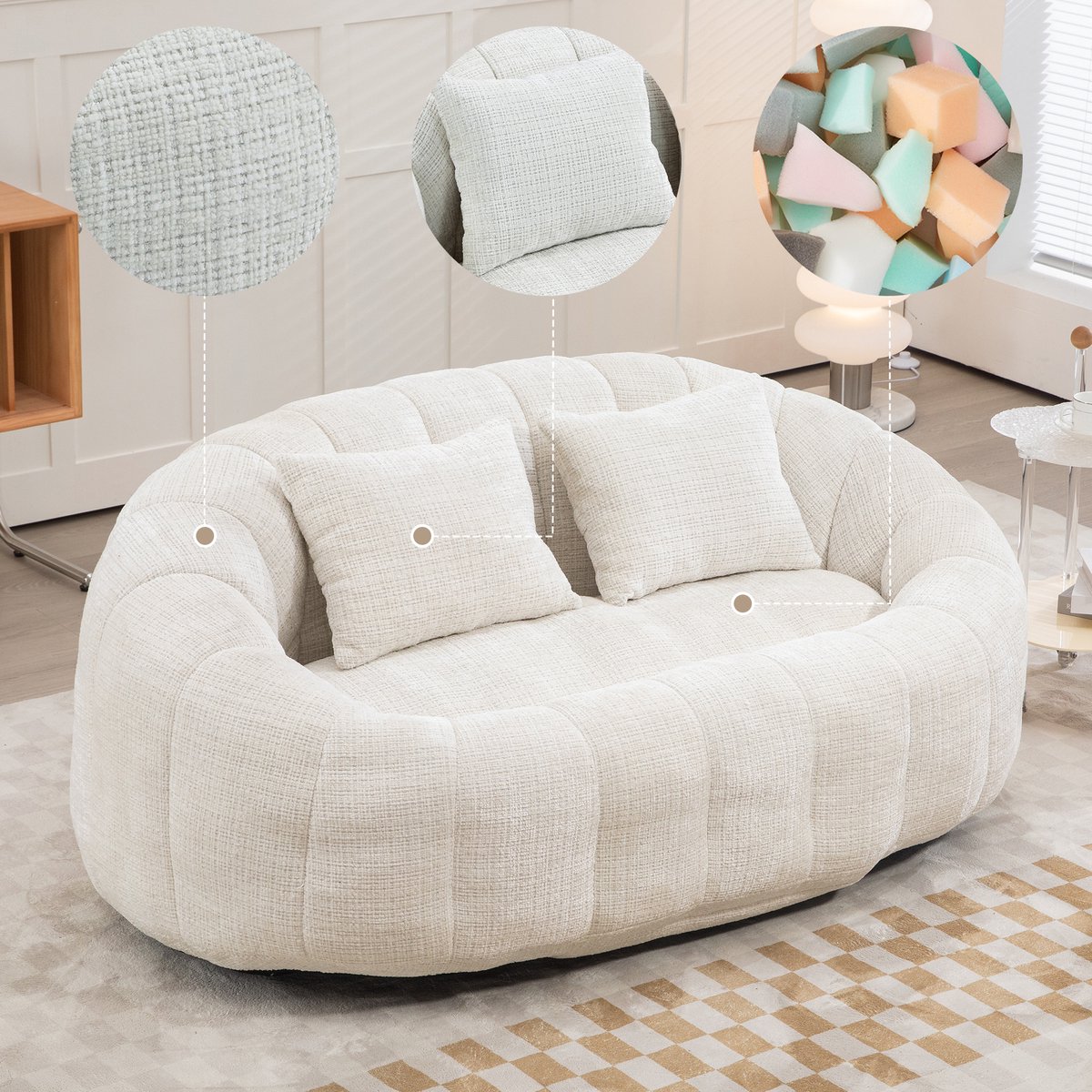 Intebiki Volwassen Highback Zitzak Stoel-Corduroy Stof-Indoor Woonkamer Gaming Zitzak Ligstoel met Ergonomisch Ontwerp-145 x 95 x 63 cm-Inclusief twee kussens - Geschikt voor slaapkamers en kantoren-beige
