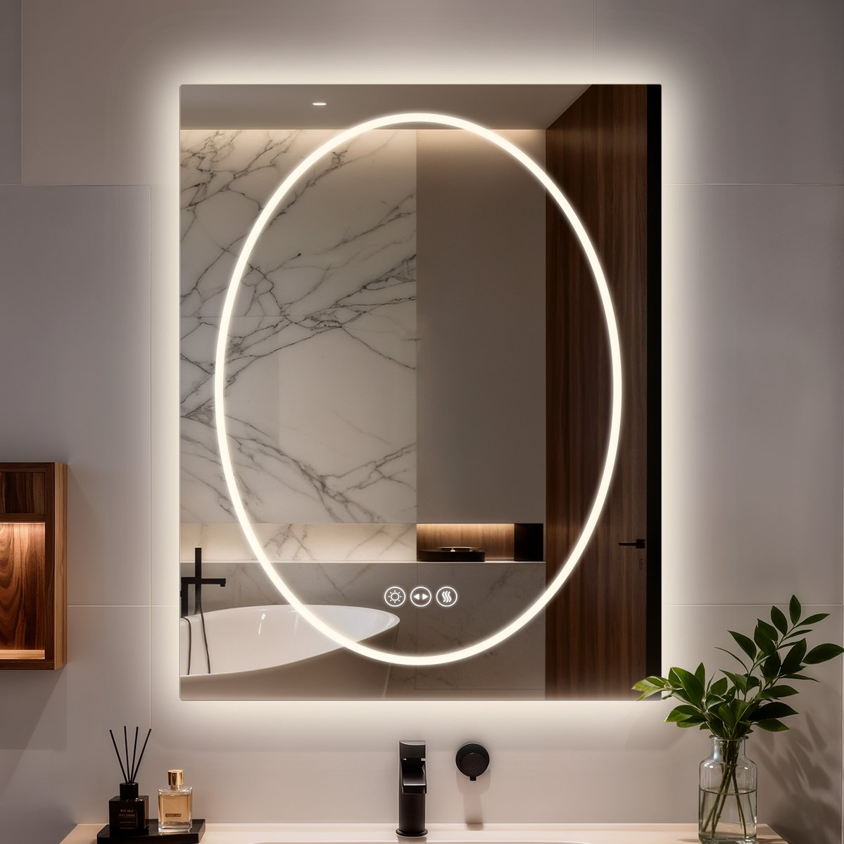 LUVODI Badkamerspiegel met Ledverlichting – Dimbare Wandspiegel met Verlichting – Verlichting aan de voor- en achterzijde – Anti-condensverwarming – 3 Verlichtingsstanden – 70 x 90 cm