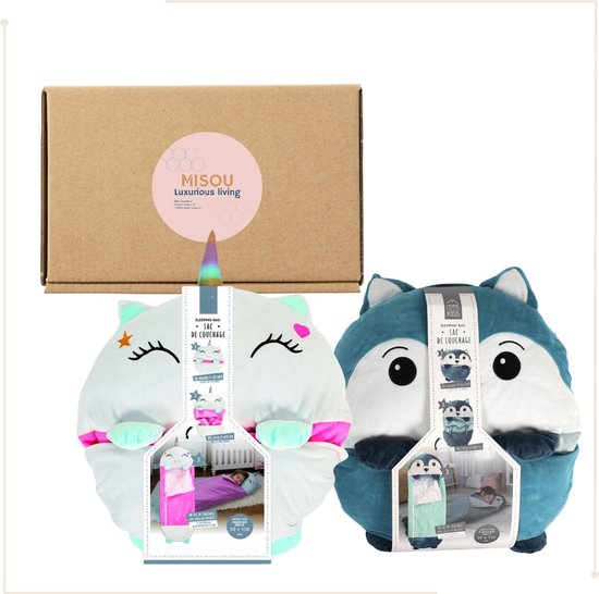 MISOU Slaapzak Kinderen - Kinderslaapzak - set van 2 - Vos - Eenhoorn - met Hoofdkussen - Peuter - Slaapzakken - Kids - Jongens - Meisjes - 130x50cm - DOZY van Merkloos — afbeelding 2