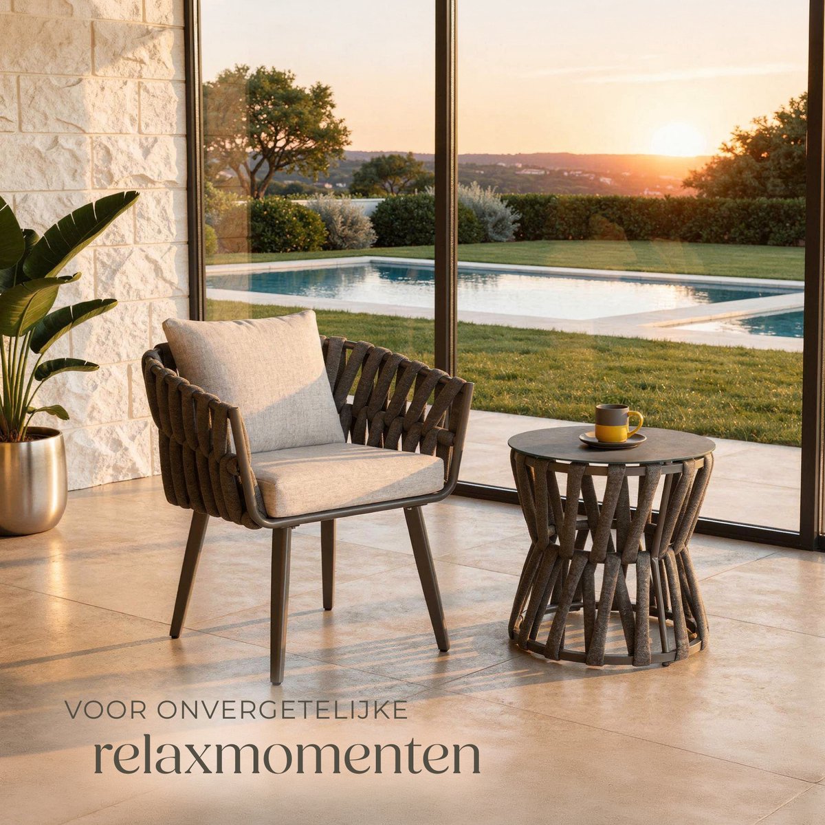 tectake® Tuinset Lugano - Tuinstoel - Loungestoel met Bijzettafel - Buitenstoel in Rope-Design met Aluminium Frame - Buiten Fauteuil met Dikke Kussens - Loungeset voor Tuin of Balkon - Terrasstoel - UV- en Weerbestendig – foto 3