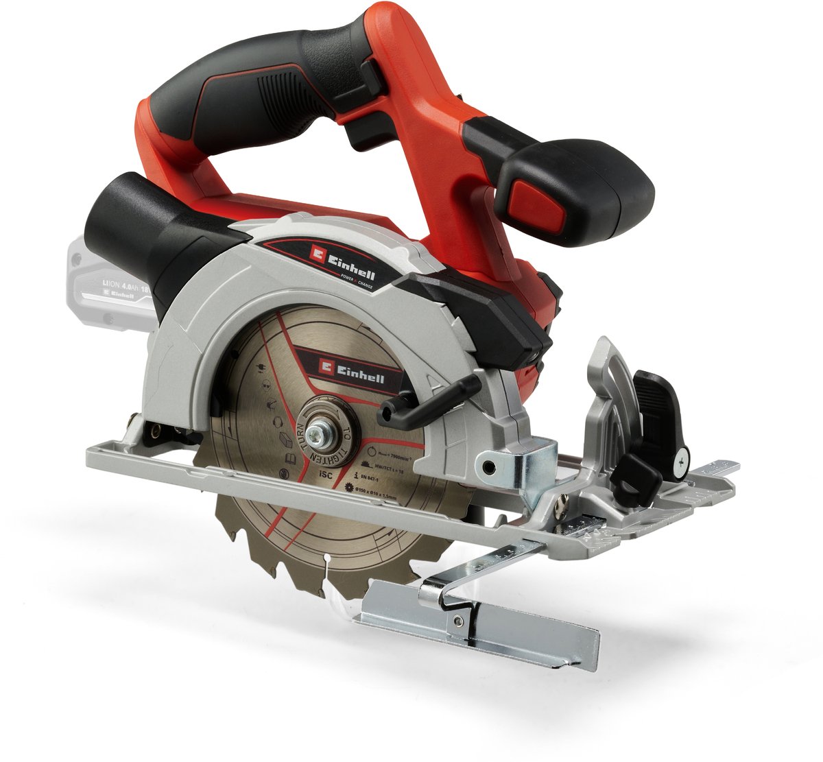 Einhell Accu Cirkelzaag TE-CS 18/150 Li Solo - Power X-Change - 18 V/Li-ion - 4.200 t/min - Ø150x10/16 mm/18 T - Max. Zaagdiepte: 90°/45°: 48/32 mm - Excl. accu en lader