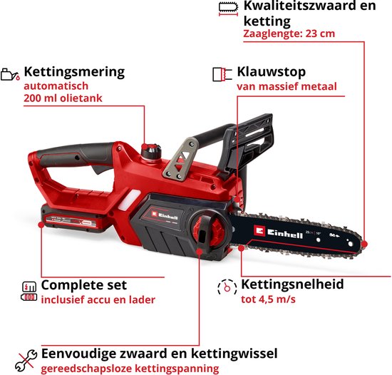 Einhell Accu Kettingzaag GE-LC 18/25 Li Kit - Power X-Change - 18 V/3.0 Ah/Li-Ion - Zwaardlengte: 25 cm - Max. Zaaglengte: 23 cm - Incl. 1x 3.0 Ah Accu en lader van Einhell — afbeelding 2