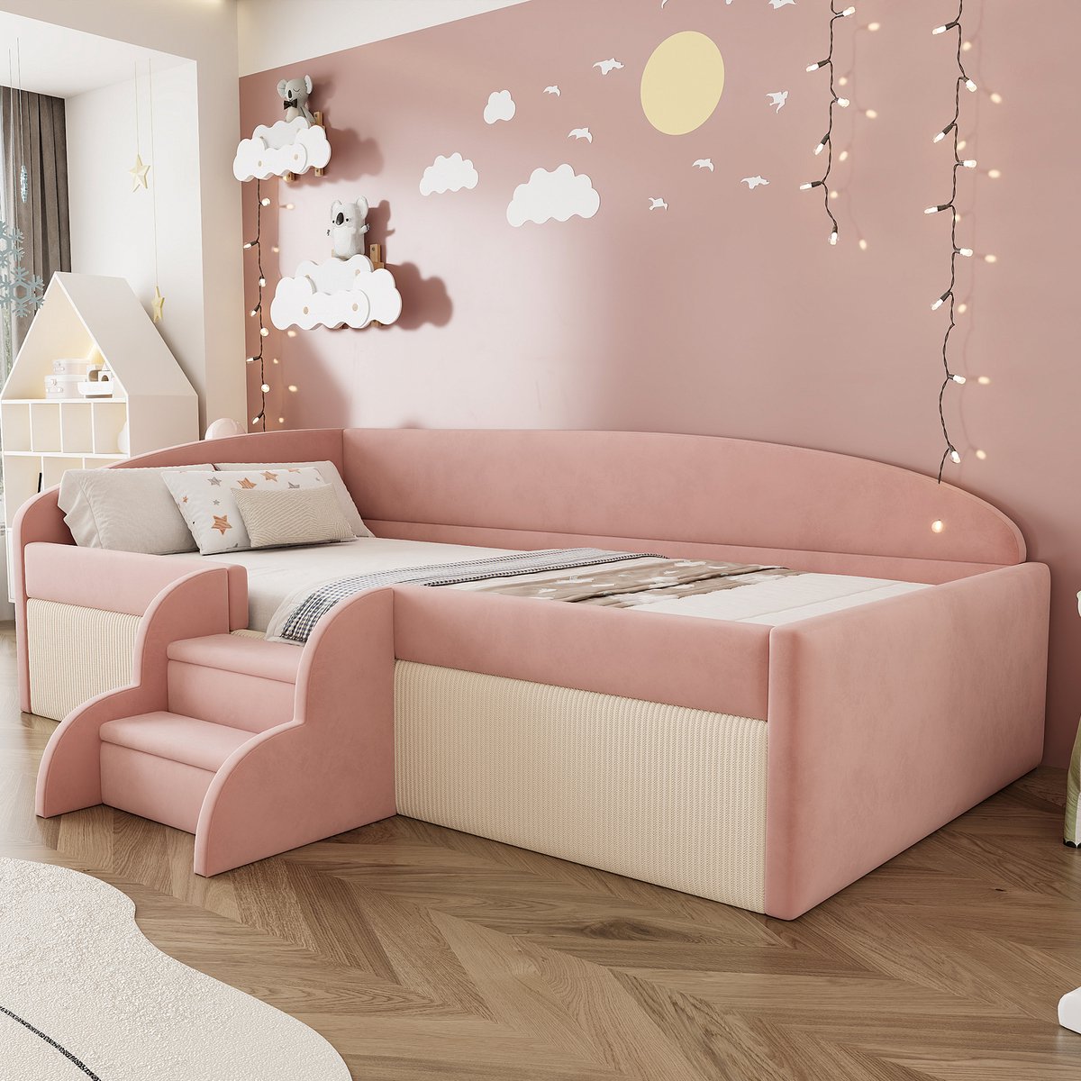 MODENUIT Kinderbed 90x190 cm – Sofabed met Treden en Beschermrand – Lattenbodem – Zonder matras – Roze/Crèmewit
