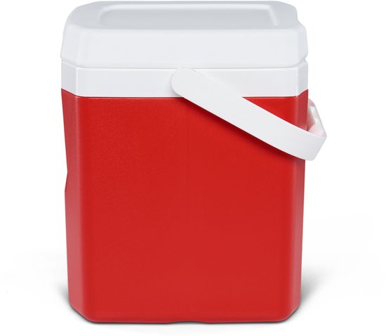 Rode koelbox met witte deksel en handvat.