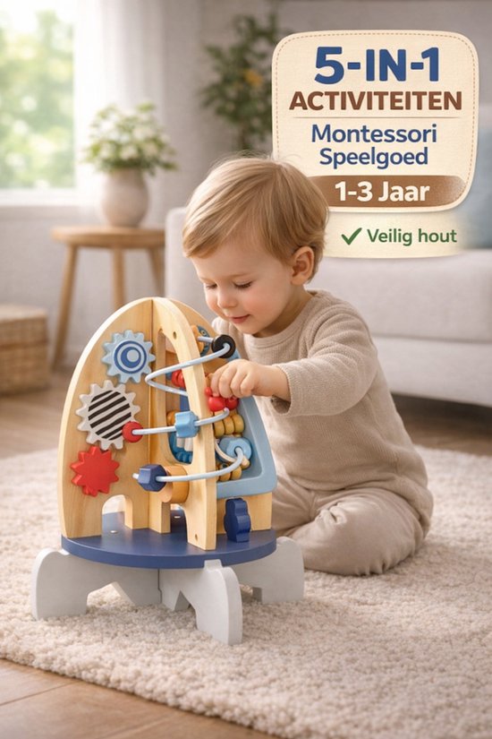 Houten Montessori Speelgoed Raket - 5-in-1 Activiteitenkubus - Motoriek & Vormenspel - Educatief Speelgoed 1-3 Jaar - Jongens & Meisjes van Houten — afbeelding 4