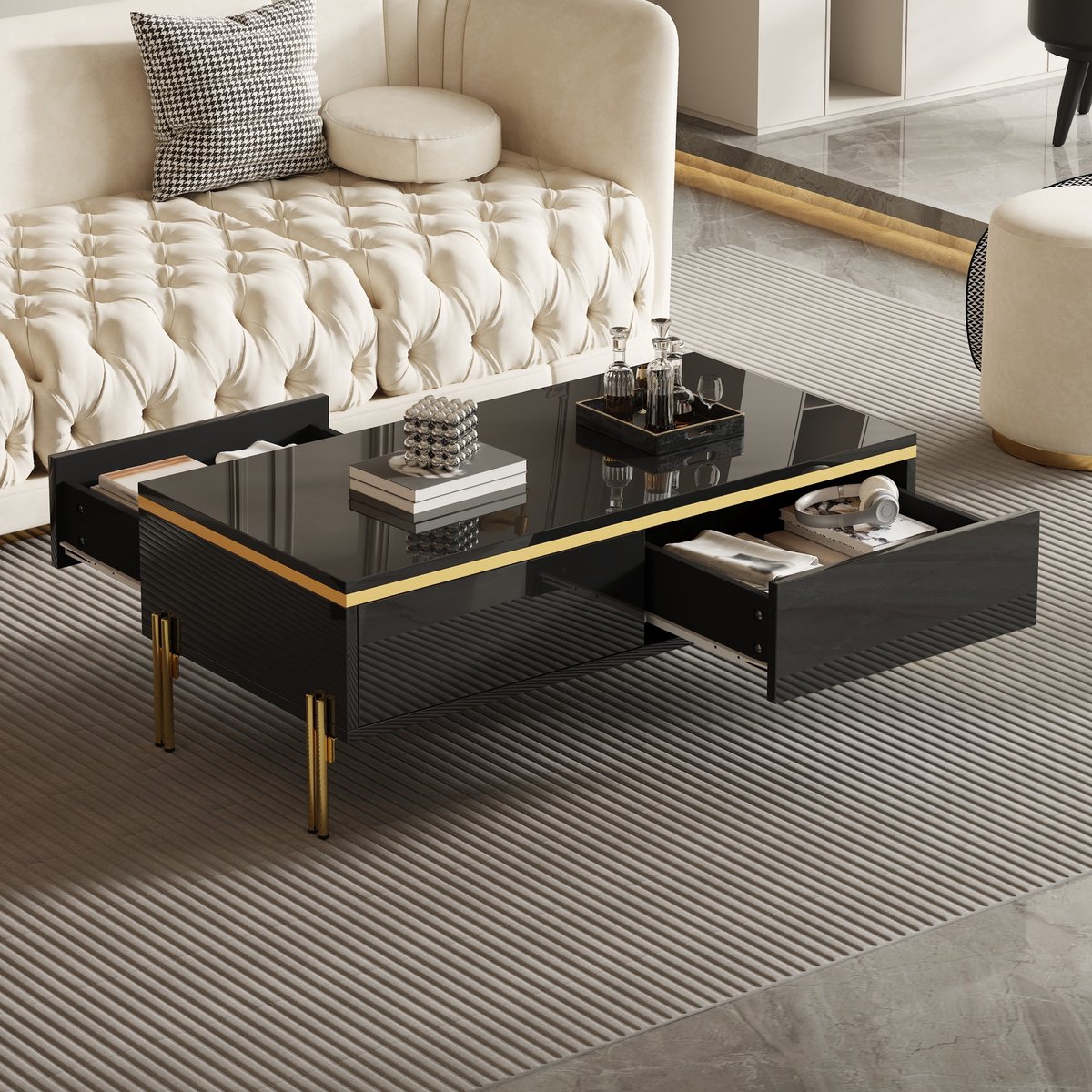 Wishdor Salontafel - Hoogglans Met Dubbele Lades - Modern - Voor De Woonkamer - Spaanplaat - Zwart - 100 X 50 X 36 Cm