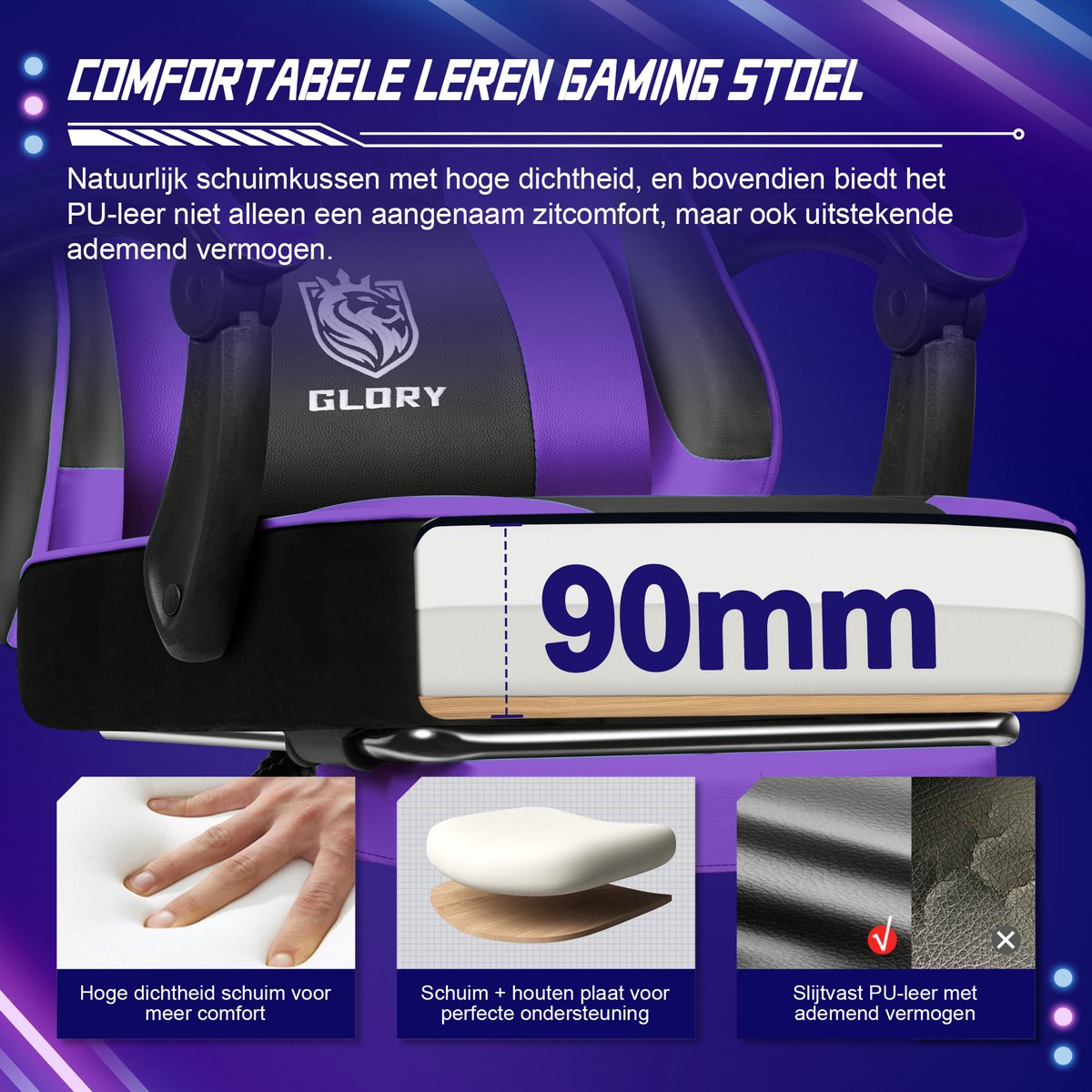 Hiaonyx Gaming Stoel 170° Verstelbaar Paars met Voetsteun - afbeelding 2