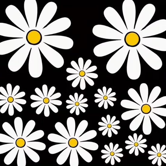 Wit met gele bloemblaadjes met witte bloemen op een zwarte achtergrond.