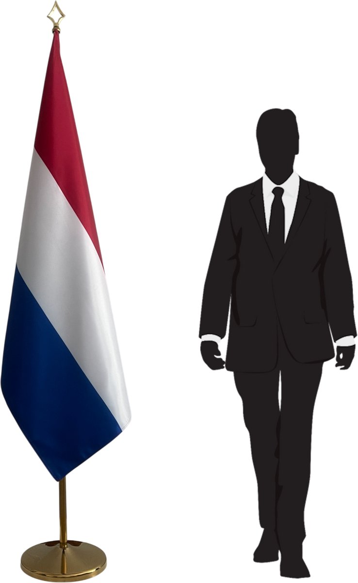 Nederlandse vlag 100x150 cm met RVS voet en telescopische mast – Ø360 mm – goudkleurig – lanspunt – premium kwaliteit