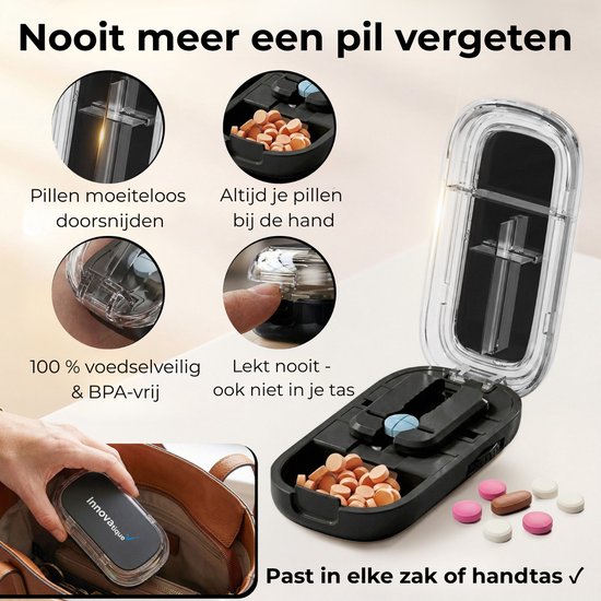 Pillensnijder met Pillendoos 2-in-1 – Kleine & Grote Pillen – Snijdt in ½ & ¼ – Compact & Gebruiksvriendelijk – BPA-vrij – Zwart