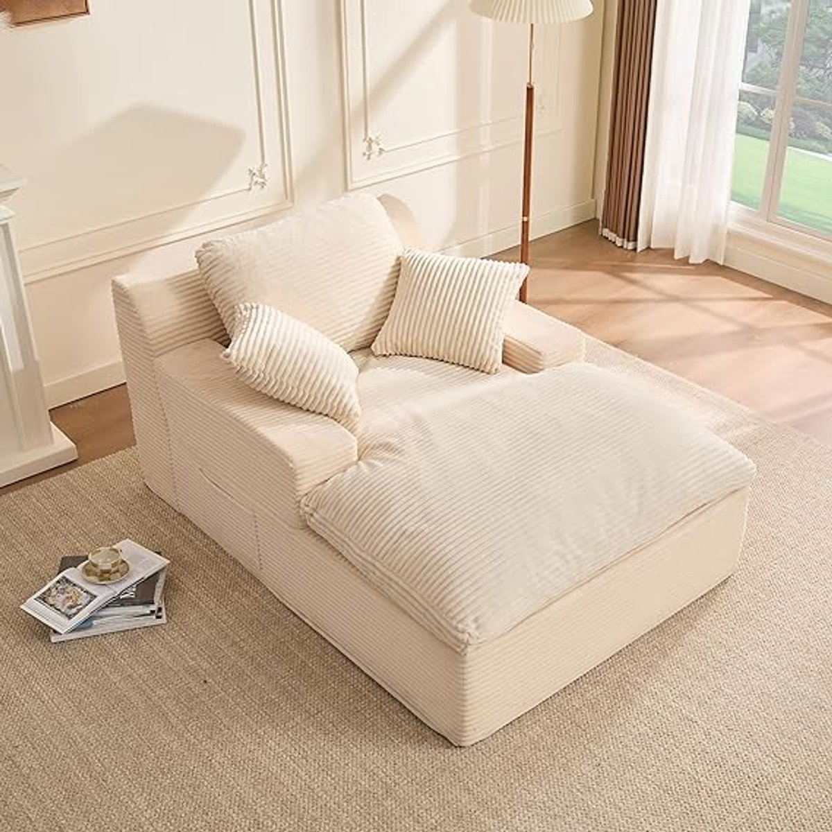 Chaise longue slaapbank 160 cm met slaapfunctie, boneless vloerbank met armleuningen, inklapbare lounge bank, corduroy stof, ruimtebesparend, beige – NoviHome