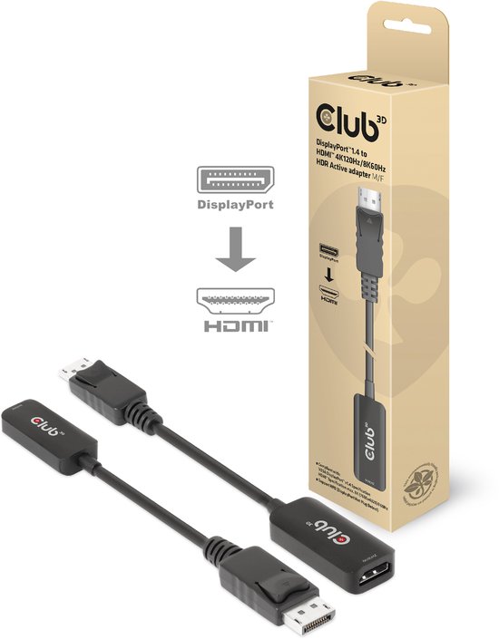 Club 3D DisplayPort™ 1.4 to HDMI™ 4K120Hz 8K60 Hz HDR Active Adapter M/F