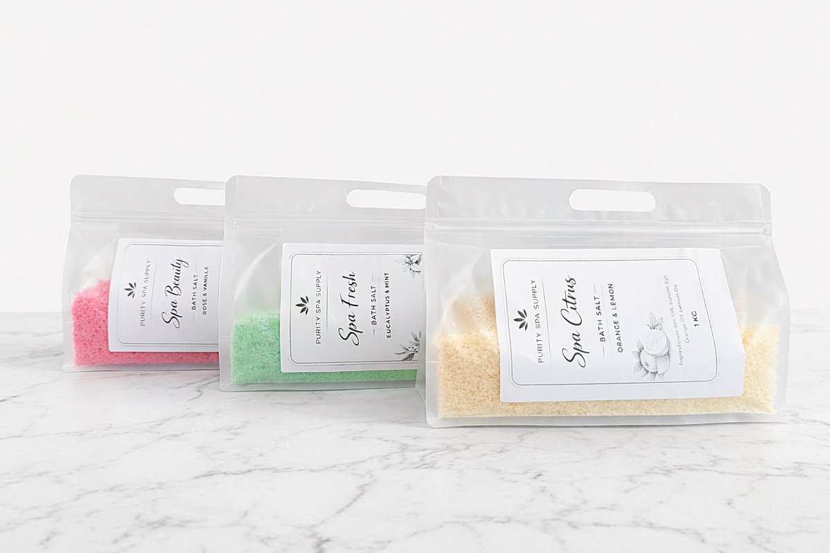 Badzout - Spa mineraalzout, trio set 3x 1kg - Rose & Vanille, Eucalyptus & Mint, Orange & Lemon - incl. bamboelepel, Purity Spa Supply