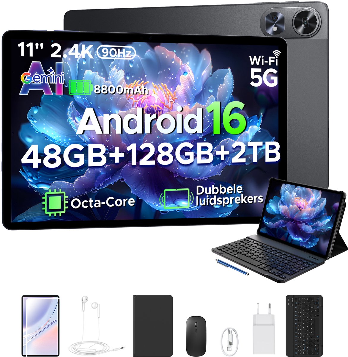 POCKAM P11 Pro - Tablet - 48 GB RAM (8+40 GB) + 128 GB ROM (2 TB/TF) - 11 inch FHD+ 90 Hz - Android 16 - 8800 mAh/18 W - T7250 - Dubbele luidsprekers - Gemini AI - Face ID - Widevine L1 - Complete accessoirebundel met toetsenbord en stylus - Zwart