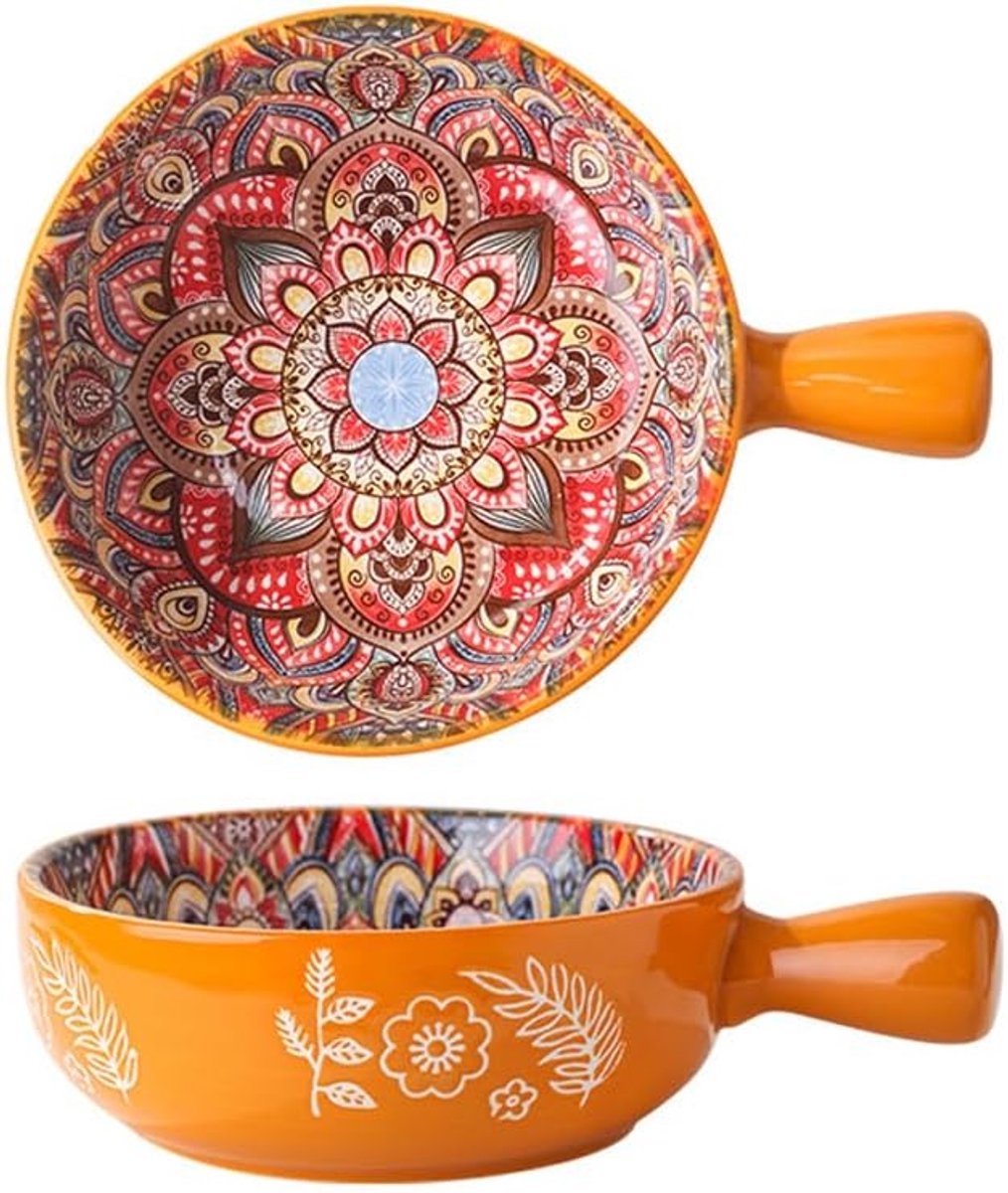 Servies Kom - Salade Kom - Serveren en Bakken - Handgeschilderd Decor - 15cm Diameter - Oranje