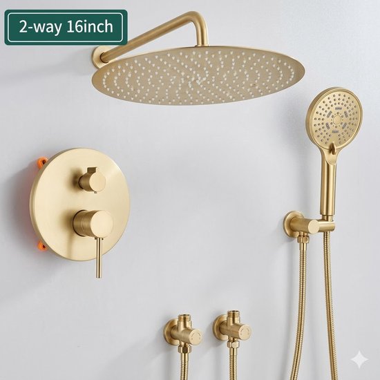 Gouden douchesysteem: ingebouwde kraan, handdouche en 16-inch hoofddouche.