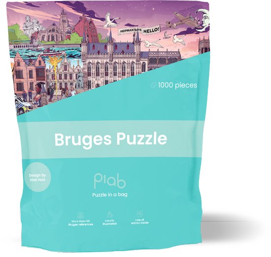 Zak met 1000 Brugge puzzelstukjes met een illustratie van de stad.