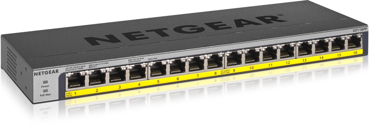 NETGEAR GS116PP - Netwerk Switch - Unmanaged - 1 Gbps - PoE Switch - 16 poorten