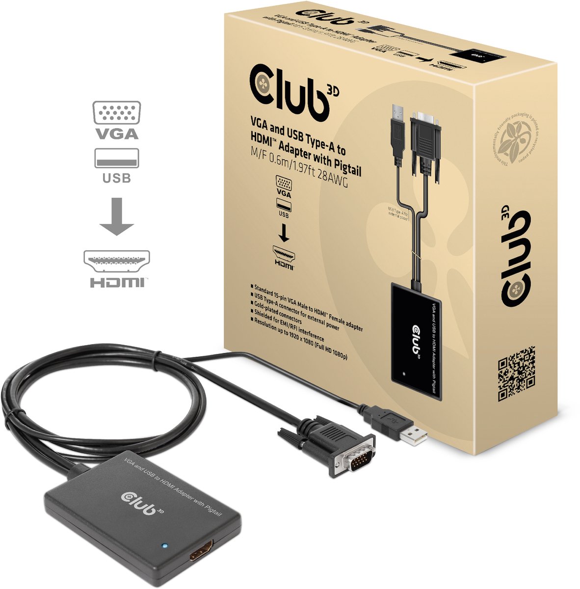 Club 3D VGA and USB-A to HDMI™ Adapter with Pigtail M/F 0.6m/1.97ft 28AWG