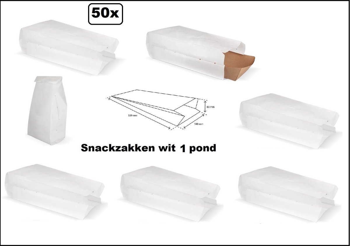 50x Snackzak wit 1 pond geperforeerd - nr 27 - Patat snacks belegde broodjes food friet festival