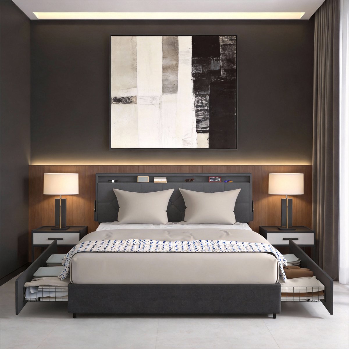 NAIZY Gestoffen Bed - Van Linnenstof - 140x200cm - Bedframe - Met Rolbare Lades - Gepolsterd Hoofdeinde - Metalen Frame - Ladebed - Met Opbergruimte Onder Het Bed - Donkergrijs - NAIZY