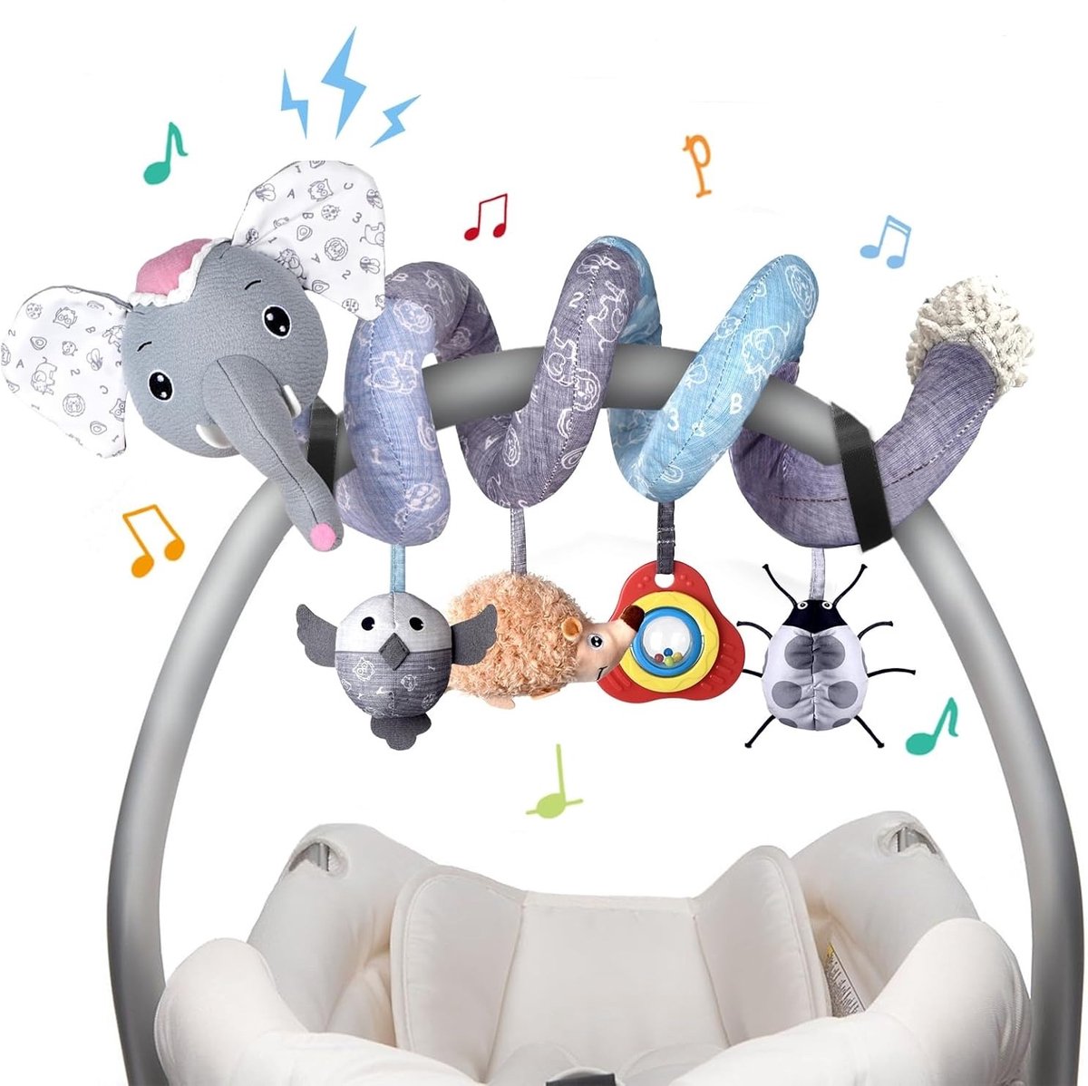 Veelzijdig speelgoed voor autostoel en wieg, spiraalvormige hangende sensorische speeltjes met muziek en bijtring, geschikt voor buikliggen bij pasgeborenen en baby's van 0 tot 12 maanden, leuk babyscadeau