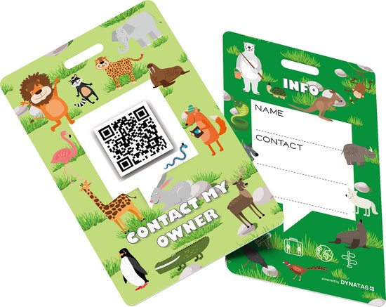 Bagagelabel met QR-code en vrolijke dierenprint. Tekst: CONTACT MY OWNER. Bevat o.a. leeuw, giraf, olifant, pinguïn, krokodil.