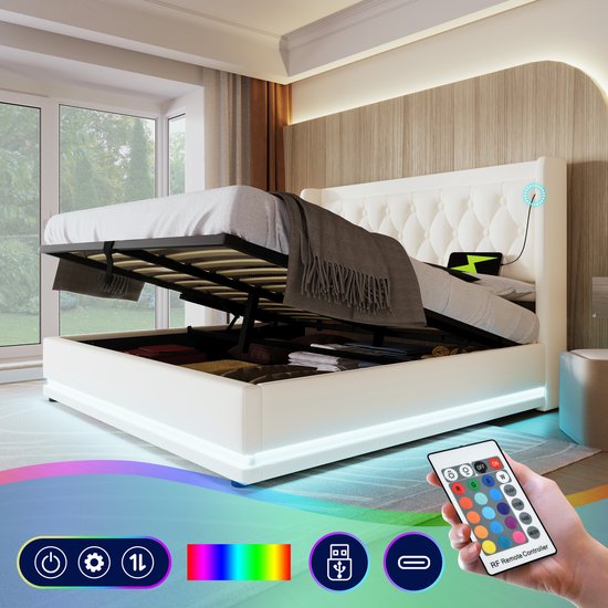 Wishdor Opbergbed 160x200 cm – Klassiek Gecapitonneerd & Hydraulische Lift – USB/Type-C & 3-Zijdige LED – PU Wit – Moderne Luxe
