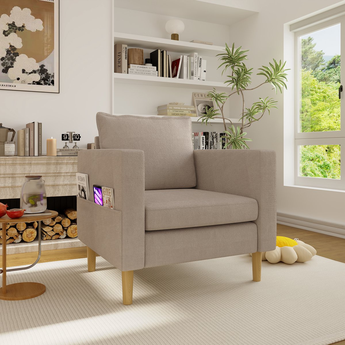 OKWISH Fauteuil 71 X 68 X 82 Cm - Met Zijvak En Groot Rugkussen - Leeshoek Of Woonkamer - Chenille - Khaki