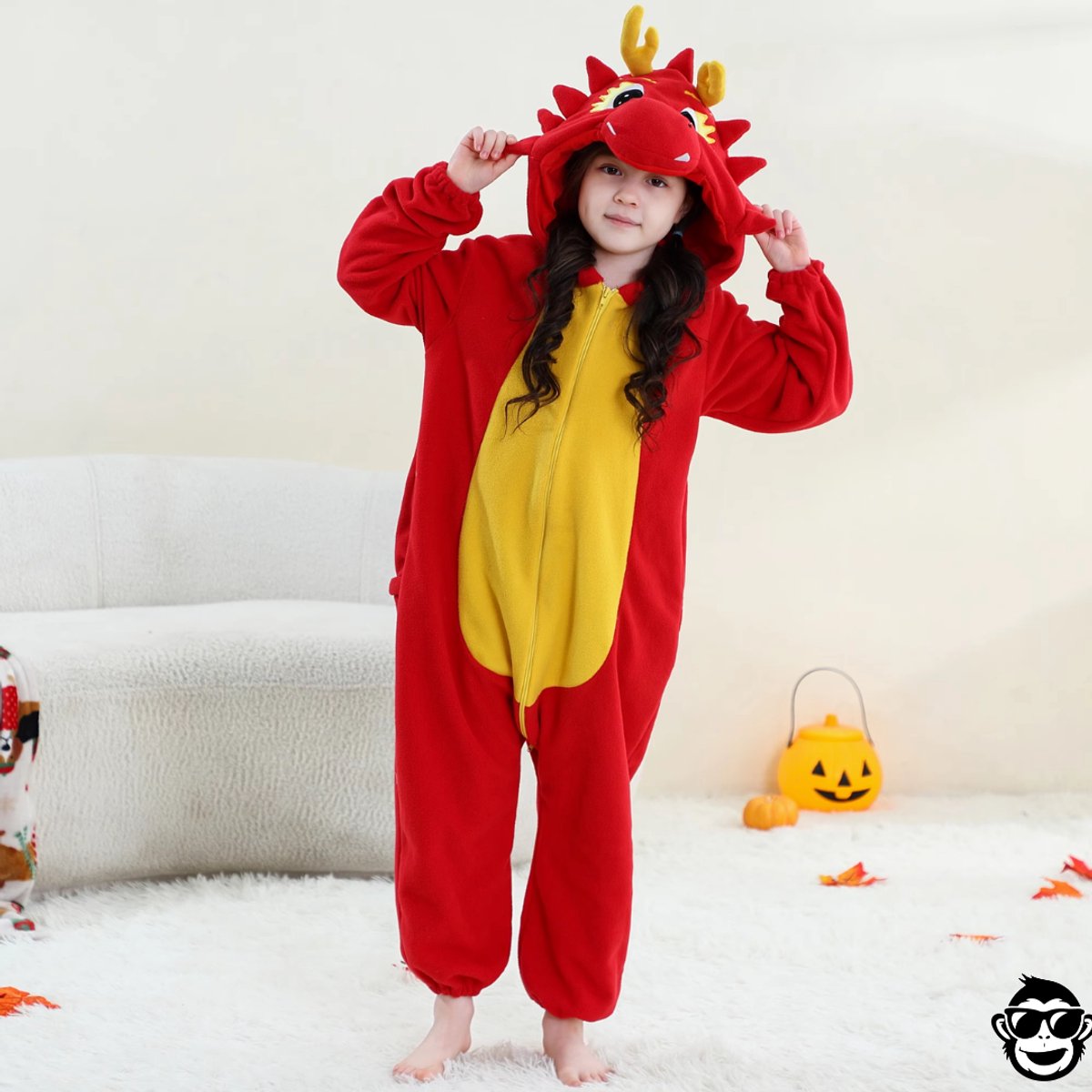 BoefieBoef Dieren Onesie Chinese Draak voor Kinderen 9-12 Jaar – Pyjama Dieren Verkleedpak – Warme Flanel Jumpsuit met Capuchon – Knuffelpak & Huispak – Zwemles – Carnaval, Halloween & Sinterklaas Cadeau – Jongens & Meisjes - Rood Geel — afbeelding 7