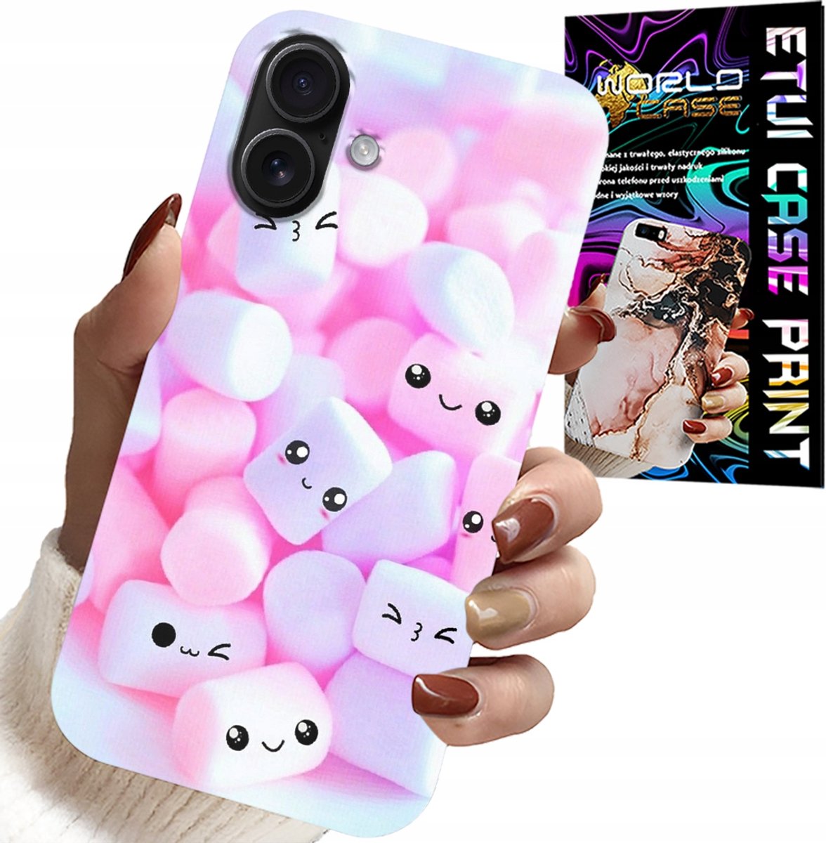 HOESJE VOOR IPHONE 16 PLUS - ZOET MARSHMALLOW PATROON, VOORZIJDE, ACHTERKANT