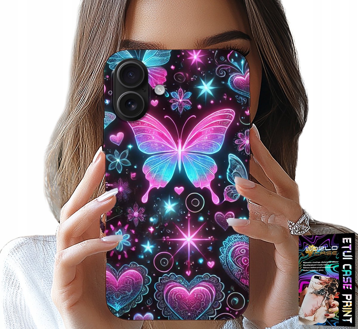 HOESJE VOOR IPHONE 16 PLUS - KLEURRIJK VLINDER-HARTMODEL