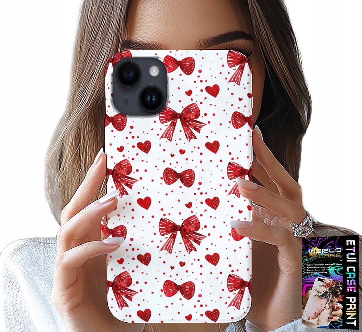 iPhone 15 Plus hoesje - Rode linten, modieuze patronen