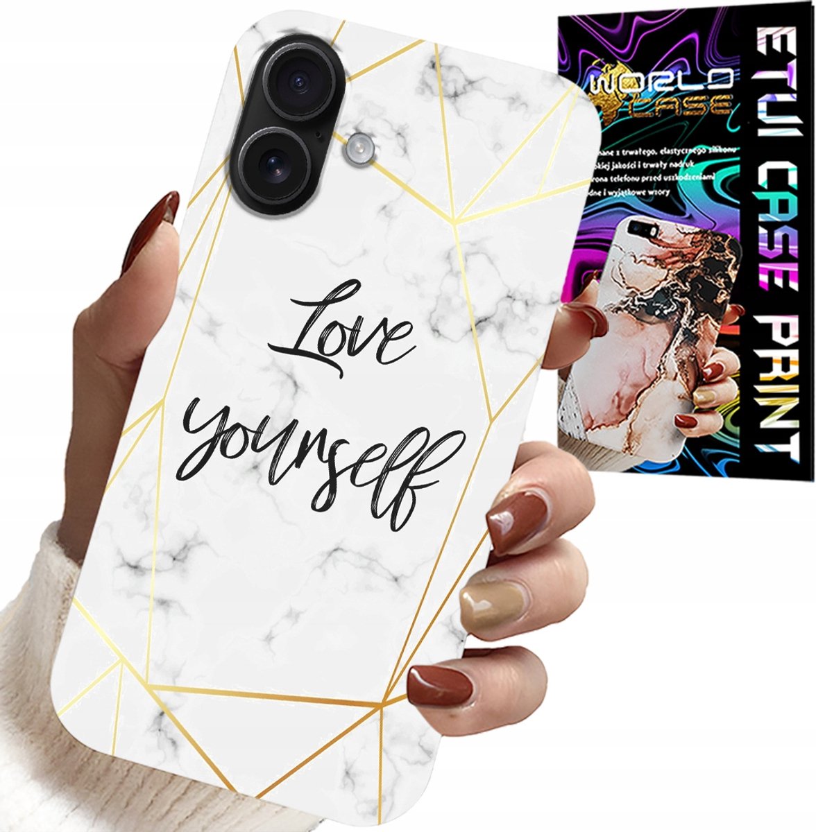 iPhone 16 Plus hoesje - Wit marmer met gouden randen. Ik hou van je.