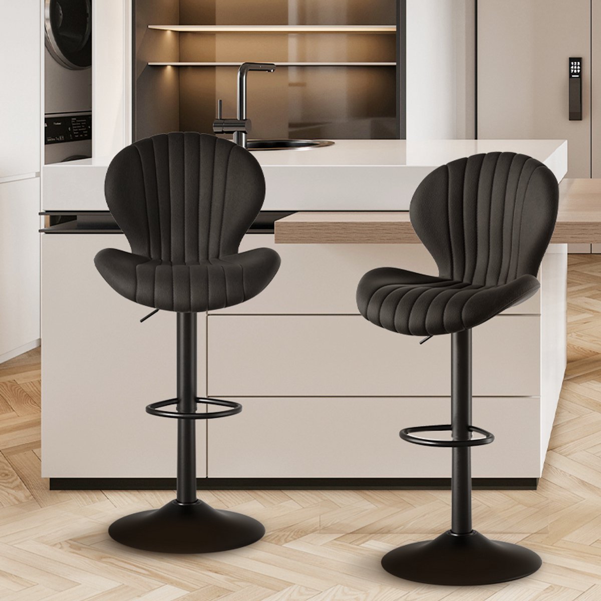 Hawthyhome Barkruk Scandinavisch-Set van 2- Zwart-Barstoelen met rugleuning -Verstelbaar -Stof- Keukenstoel