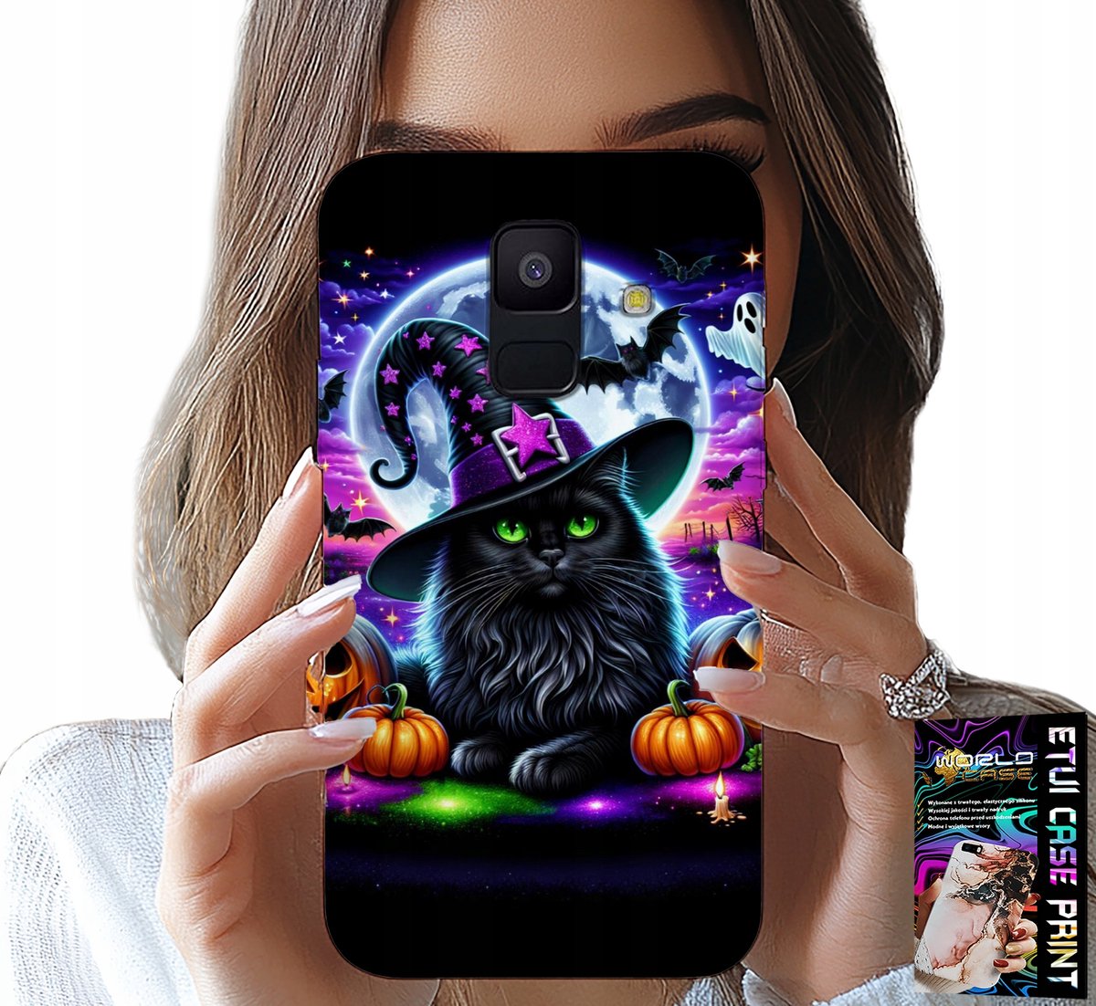 HOESJE VOOR SAMSUNG A6 2018 - ZWART KITTY HALLOWEEN SALEM POMPOENPATRON