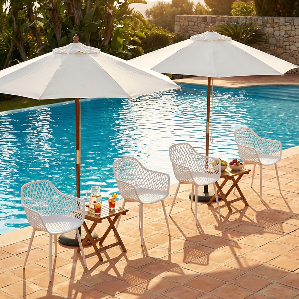 EGGREE Tuinstoelen set van 4 - kunststof tuinstoel met armleuningen - loungestoel - weerbestendige tuinstoel voor tuin - balkon- en terrasstoelen - bistrostoel - balkonmeubilair - klein balkon - Wit