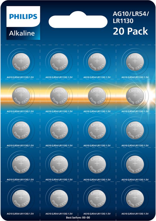 Philips Alkaline knoopcelbatterijen, 20 stuks, AG10/LR54/LR1130, 1.5V.