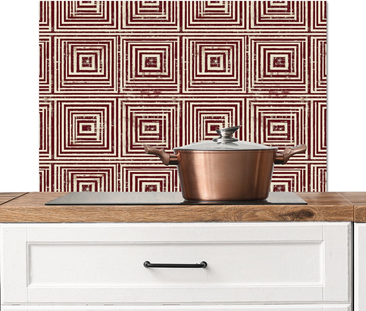 Spatscherm keuken 90x60 cm - Kookplaat achterwand Geometrisch - Patroon - Rood - Muurbeschermer - Spatwand fornuis - Hoogwaardig aluminium