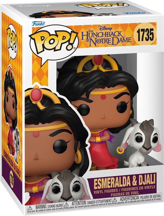 Funko POP! doos met Esmeralda & Djali, met Esmeralda Funko POP! figuur en geit Djali.